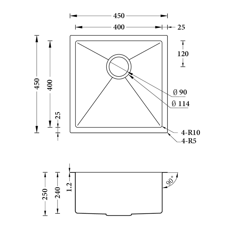 Handmade Single Bowl Kitchen Sink 450x450x250mm - Stainless Steel