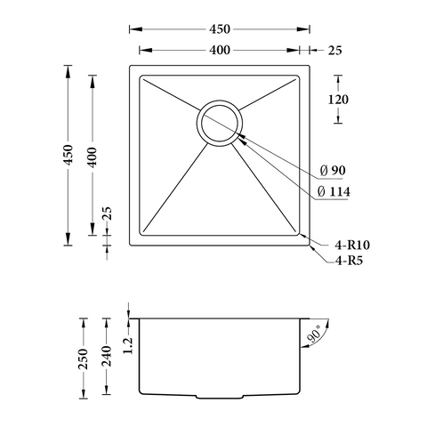 Handmade Single Bowl Kitchen Sink 450x450x250mm - Stainless Steel