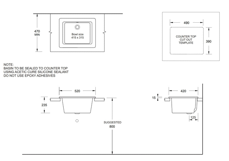 Small Compact Utility/Laboratory Sink - 520x420mm