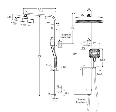 Deluxe Rain Soft Square Dual Shower Rail - Various Colours