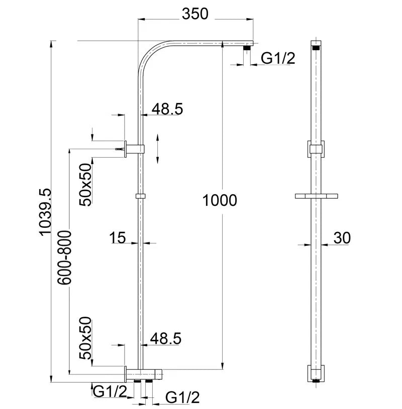 Retro-fit Square Dual Shower Rail - Chrome / Black