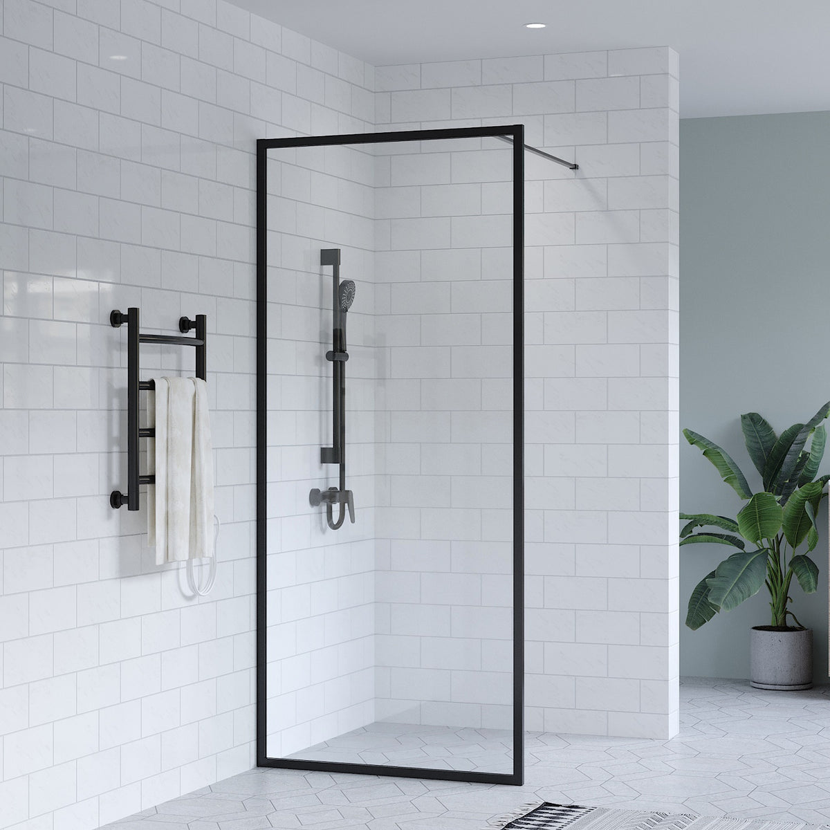 SS27 900mm Black Framed Walk-In Shower Screen – 2000mm High, 8mm Glass