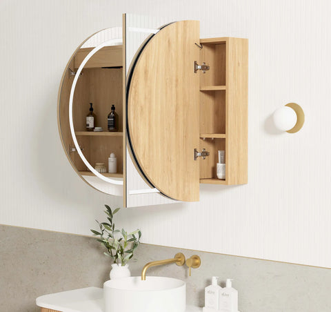 Oval LED Mirror Cabinet 900/1200/1500/1800mm - Matte White / Natural Oak / Black Oak