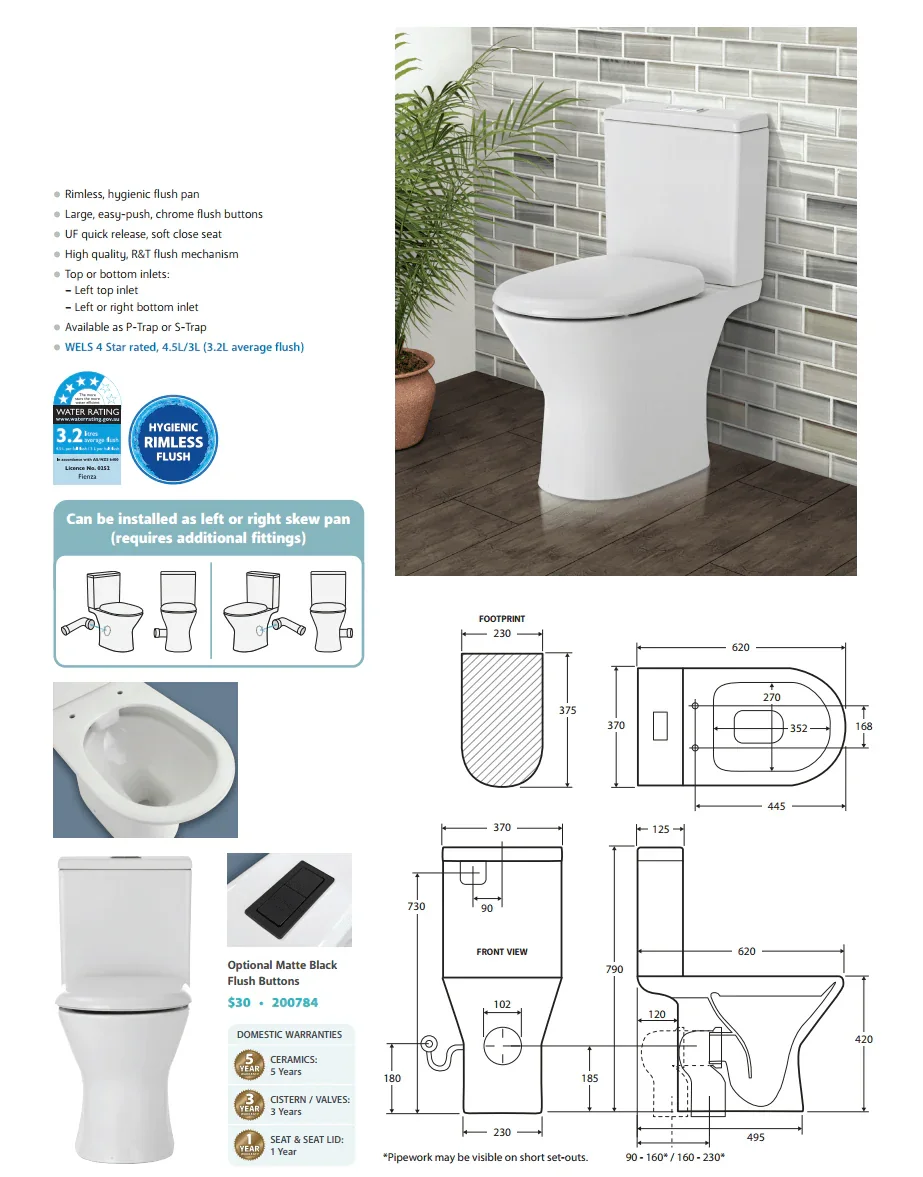 Closed Coupled Rimless Flush Skew Pan Connection Toilet Suite with Soft Close Seat - White (4 Star)