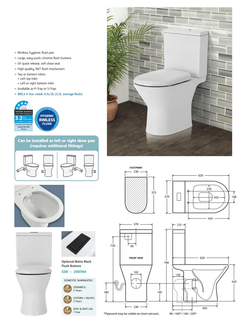 Closed Coupled Rimless Flush Skew Pan Connection Toilet Suite with Soft Close Seat - White (4 Star)