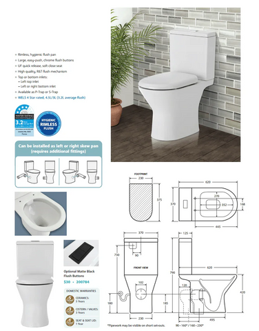Closed Coupled Rimless Flush Skew Pan Connection Toilet Suite with Soft Close Seat - White (4 Star)