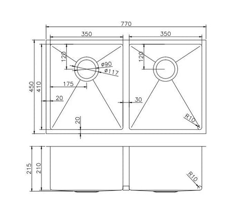 Double Bowls Sink Undermount/Top mount/Flush mount 770x450mm - Various Colours