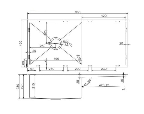 Single Bowl with Drainer Topmount/Undermount Kitchen Sink 960x450mm - Various Colours