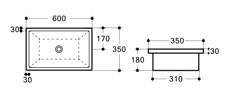 Solace Rectangular Undermount Ceramic Basin 500 x 350mm / 600x350mm